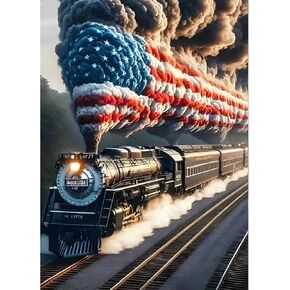 GDYEEH DIY 5D Steam Train Train Miamond Art Kits ، Round Full Drill Flaffricling American Flag Diamond Painting Picture ، Train Diamond Painting Kits Craft for البالغين ، ديكور الجدار المنزلي 12x16 بوصة