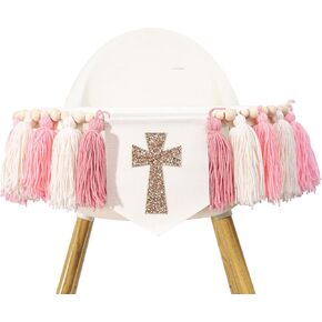 Wawuo Cross Tassel High Chair Banner - أولاد أول ديكورات بالتواصل المقدس ، موضوع صليب زرقاء الزرقاء حبة الخشب ، ديكور حفلة معمودية الطفل المسيحي ، صليب الصور (Blue Cross Boy)
