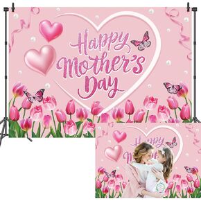Tulips Mother's Day Backdrop Happy Mother's Day Party Photography Backdrop 8x6FT Flowers Pink Mothers Day Home Decorations Banner