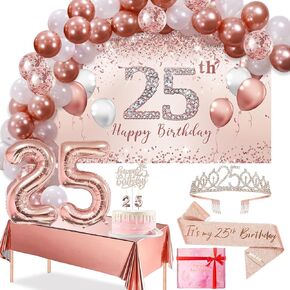 Trgowaul 25th Decortations Balloon Set Girls ، Rose Gold 25th Banner and Party Tableth ، Belt and Tiara ، Pink Gold 25th Balloon ، Pink Birthday Cake Top ، Baltx Balloon * 60
