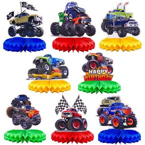 8 PCS Hot Wheels Decorations ، Cars Deffy Birthday Decorations مجموعة مركزية للسيارات ذات طابع قرص العسل المركزي