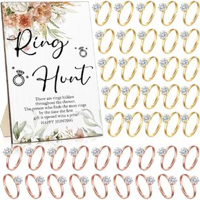 Bucherry Bridal Shower Games with Rings Funny Hunt Games Sign Sign Wooden Game Sign و 100 حلقات مزيفة من البلاستيك المصغرة مع Diamond for Bride Dame Game Wedding Gifts Favors (أنيقة)