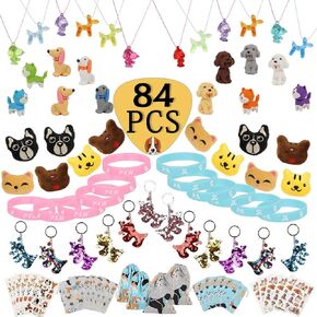 84 pcs dog paw party favos مجموعة لعبة toy pack- الكلب بروش قلادة مفتاحية مفتاحية مضيئة الوشم مصممة حقيبة هدايا جرو للأطفال