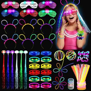 Glow Sticks Party Party Pack for Kid Adult ، 442pcs توهج في لوازم الحفلات المظلمة ، وضوء الحفلات مع نظارات LED ، ومقاطع الشعر ، وأساور قلادات.