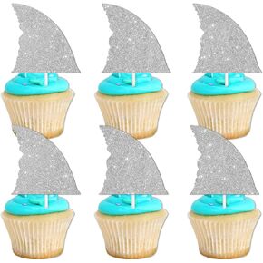 18pcs Silver Glitter Shark Tail Dessert Cupcake Topper Sea Creature Shark Theme Decor Supplies Baby Shower Happy Birthday Wedding Anniversary Party Decorations
