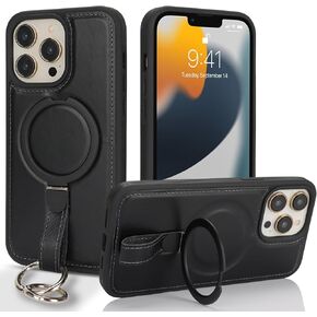 Zouzt for iPhone 13 Pro Max/ 12 Pro Max 6.7 Inch Case Genuine Cowhide Leather Compatible with MagSafe Wireless Charging Ring Holder Kickstand and Keychain Shockproof Phone Cover for Men Women-A-Brown