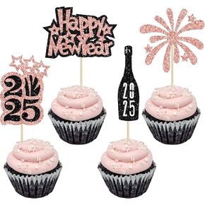 Gyufise 24Pcs 2025 Happy New Years Cupcake Toppers Gold Glitter 2025 Happy New Year Party Decorations for Happy 2025 Cheers to 2025 Hello 2025 New Years Eve Party Decorations Supplies