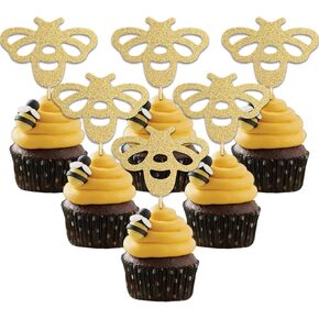 Bumble Bee Cake Topper - Happy Bee Day Theme First Birthday Decorations,Honey Gold Glitter Cupcake Toppers, Centerpiece Sticks Sweet Party Supplies