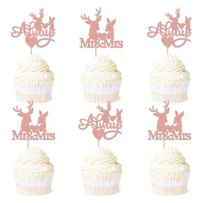 Ercadio 24 Pack Rose Gold Glitter Deer Head Cupcake Toppers and Picks for Christmas First Birthday Baby Shower Cake Supplies