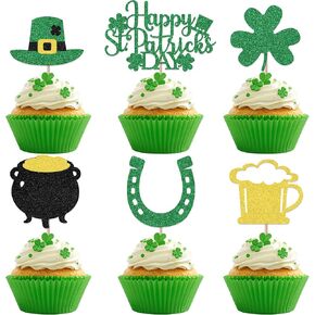 24Pcs Happy St. Patrick's Day Cupcake Toppers, Happy St. Patrick's Day Decorations, St Paddy's Day Baby Shower Birthday Party Supplies, Green Shamrock Cupcake Topper for St. Patrick's Day Party Sign