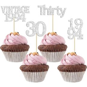 Gyufise 24pcs 30th عيد ميلاد كب كيك أعلى الأقطار العتيقة 1994 كعكة القبعات العليا هتافات إلى 30 رائع ثلاثين اختيار كب كيك ديكورات لعيد الميلاد الثلاثين الذكرى السنوية لوازم الحفلات الفضية