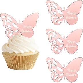6 PCS Acrylic Happy Birthday Butterfly Cupcake Toppers ، for Barty Bakery DIY Craft Happy Birthday Party Mini Cake Decoration (Rose Gold)