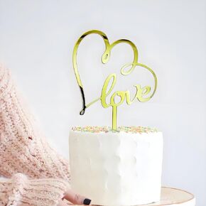 الذهب أكريليك الحب كعكة Topper-Heart مع حب كعكة الزفاف ديكورات توبيبر لعيد الحب/دش الطفل/دش الزفاف/الذكرى السنوية/حفلات الزفاف