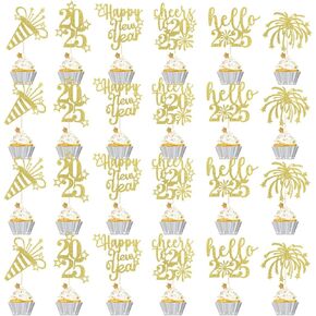 24PCS Happy New Year Cupcake Topper,Hello 2025，Cheers to 2025，New Year Cake Decoration New Years Eve Party Decorations Supplies.