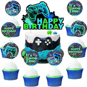 Cheereveal 13Pcs Video Game Cake Decorations, Game On Cake Cupcake Toppers, Neon Gamer Theme Happy Birthday Baby Shower Cupcake Picks Party Supplies