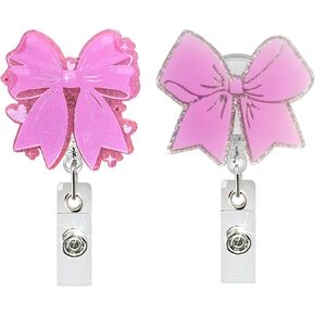 2 حزمة PINK BOIN BOW BEDGE ، لطيف مقطع شارة ممرضة قابلة للسحب ، اسم المكتب إكسسوارات شارة سباركلي للممرضات التمريض المعلم RN CNA MA LPN العامل الطبي