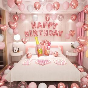 Rose Gold Happy Birthday Decorations for Women Pink and Rose Gold Birthday Balloons Letters Banner with Heart-Shaped Champagne Bottle Lipstick Balloons Rose Petals for Room Birthday Party Decor