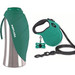 Tuff Pupper Retractable Dog Leash and 27oz Pupflask Portable Water Bottle - Green