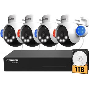 Defender AI Powered Sentinel 4K PTZ Wired Security Camera System with 4 PTZ Cameras, 1TB NVR, 360° AI Tracking, Smart Human Detection, Blue-Red Light, Color Night Vision, 2YR & 60ft. Cable