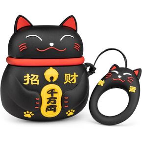 Yonocosta Cute Airpods Case, Airpods 2 Case, Fashion Funny 3D Cartoon Animals Black Lucky Cat Kitty Shaped Full Protection Shockproof Soft Silicone Charging Case Cover with Keychain for Airpods 1&2