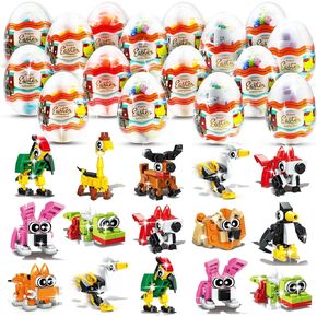 24 PCS Prefilled Easter Eggs with Toys Inside, 3 in 1 Forest Animal Building Blocks Basket Stuffer for Kids Hunt Games Goodie Bags Fillers, Classroom Prizes Carnival Reward