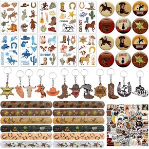 108 Pcs Western Cowboy Party Favors Include 12 Slap Bracelets Western Keychains Temporary Tattoos 12 Button Pins 60 Stickers for Cowboy Birthday Party Supplies