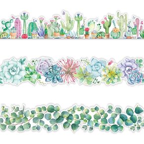 60 Pieces Eucalyptus Border Watercolor Boho Bulletin Wall Decor Tropical Cactus Bulletin Board Borders Succulent Bulletin Board Decor Bulletin Boarder Trim for Chalkboard Whiteboard