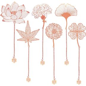 6pcs Metal Bookmarks with Chain, Exquisite Hollow Bookmark Leaf & Flower Pendant for Book Lovers Teachers Students (6 Styles, Rose Gold)