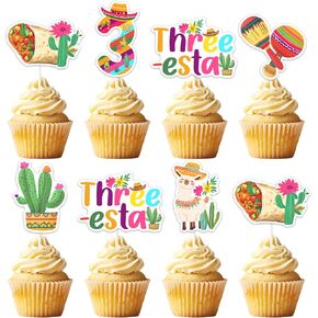 ديكورات حفلة عيد ميلاد مكسيكية الثالثة 24pcs ثلاثة esta fiesta party cake toppers toppers three esta fiesta party cake decorations 3rd bday cinco de mayo لعيد ميلاد عام 3 سنوات