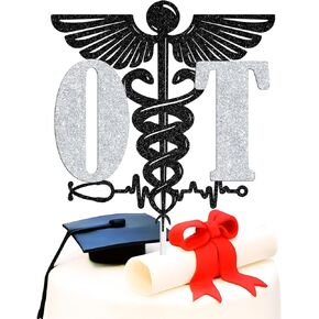 OT Cake Topper ، معالجات تهانينا ، ناجٍ من مدرسة Med ، مستلزمات زخارف حفلات التخرج من كلية الطب ، بريق أسود وفضي