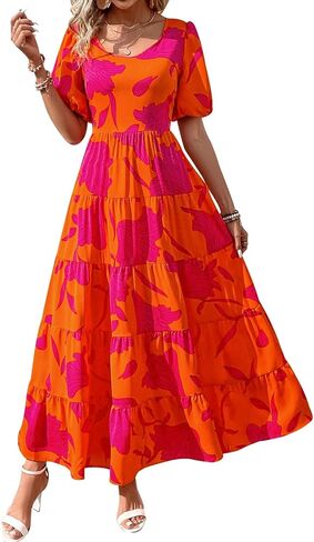 PRETTYGARDEN Womens Dresses 2024 Puff Sleeve Floral Casual Summer Dresses Smocked Backless Beach Flowy Tiered Maxi Dress in Kuwait