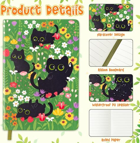 B1ykin Hardcover Ruled Journal Notebook with Planner Stickers, 196 Pages PU Leather Journal Notebook Journals Diary Notepad for Writing Travel Business Work School College Taking (Black Cat Floral) in Kuwait