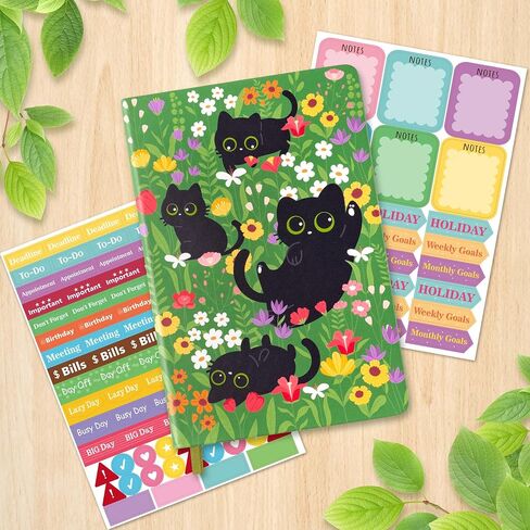 B1ykin Hardcover Ruled Journal Notebook with Planner Stickers, 196 Pages PU Leather Journal Notebook Journals Diary Notepad for Writing Travel Business Work School College Taking (Black Cat Floral) in Kuwait