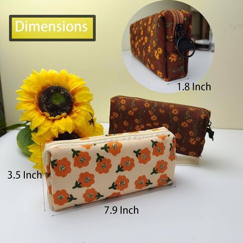 2025 New 2Pcs Cute Floral Pencil Case, Aesthetic Soft Corduroy Fabric School Pencil Pouch, Small Special Pattern Cosmetic Makeup Zipper Pen Bags for Teen Girls Women Adults, Daisy & Plum Blossom in Saudi Arabia