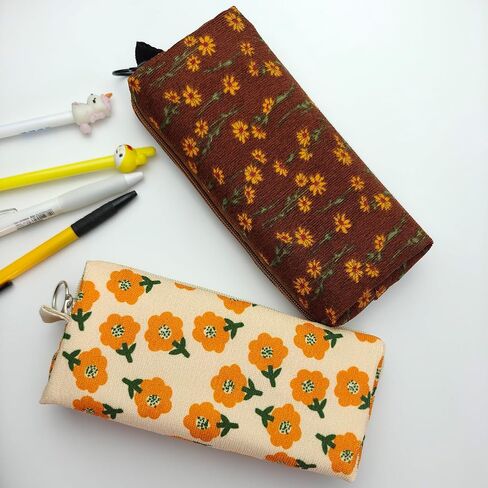 2025 New 2Pcs Cute Floral Pencil Case, Aesthetic Soft Corduroy Fabric School Pencil Pouch, Small Special Pattern Cosmetic Makeup Zipper Pen Bags for Teen Girls Women Adults, Daisy & Plum Blossom in Saudi Arabia