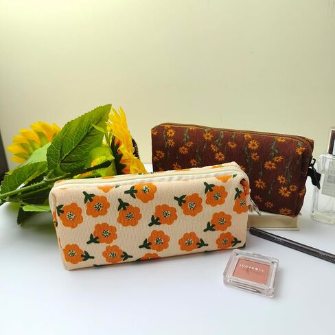 2025 New 2Pcs Cute Floral Pencil Case, Aesthetic Soft Corduroy Fabric School Pencil Pouch, Small Special Pattern Cosmetic Makeup Zipper Pen Bags for Teen Girls Women Adults, Daisy & Plum Blossom in Saudi Arabia
