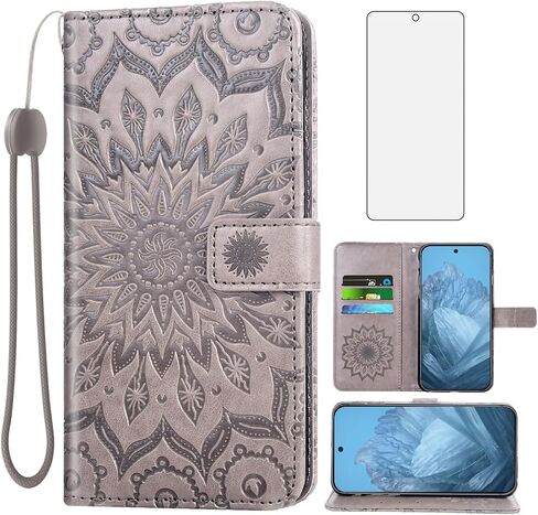 Phone Case for Google Pixel 9 Pro XL 6.8" 2024 Wallet with Tempered Glass Screen Protector Sunflower Leather Slim Flip Cover Card Holder Stand Cell Accessories Pixel9 9Pro 9ProXL Nine Women Purple in Kuwait