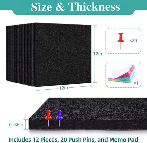 Large Cork Board for Walls – 47"x35" Bulletin Board, 12-Pack Black Felt Wall Tiles with Strong Adhesive for Office Pin Board Ideal for Home, Office, and Dartboard Wall Protection in Saudi Arabia