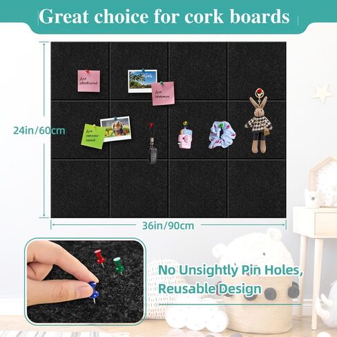 Large Cork Board for Walls – 47"x35" Bulletin Board, 12-Pack Black Felt Wall Tiles with Strong Adhesive for Office Pin Board Ideal for Home, Office, and Dartboard Wall Protection in Saudi Arabia