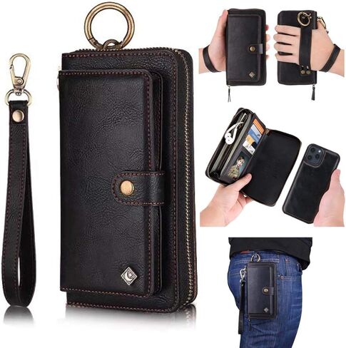 LITOU AIFENGCASE Phone Case Compatible with iPhone 12/iPhone 12 Pro,Wallet Case for Women Men,Wristlets Clutch Zipper Leather Pouch Wallet Flip Case Card Holder Magnetic Detachable Back Cover,RG in Kuwait