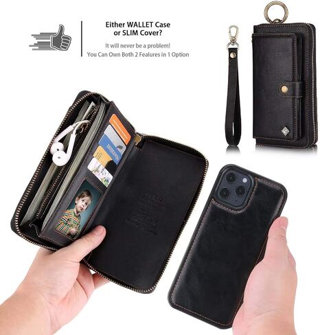 LITOU AIFENGCASE Phone Case Compatible with iPhone 12/iPhone 12 Pro,Wallet Case for Women Men,Wristlets Clutch Zipper Leather Pouch Wallet Flip Case Card Holder Magnetic Detachable Back Cover,RG in Kuwait