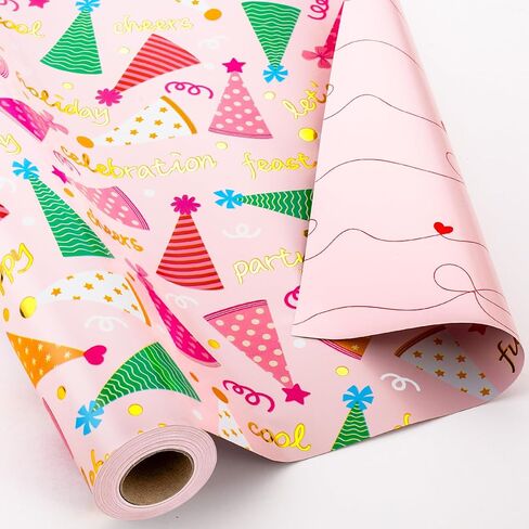 Yarcony Reversible Birthday Wrapping Paper Roll, Pink Gift Wrapping Paper, Metallic Foil Pink Girl Party Hat, Bow Gift Wrap Present Paper for 1st birthday, Baby Shower, Kid Party(17 Inch X 33 Feet) in Kuwait