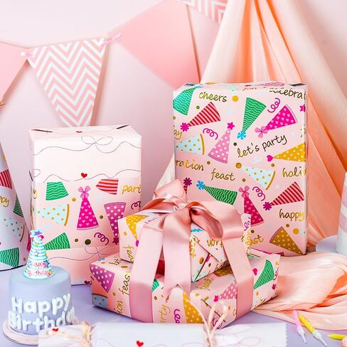 Yarcony Reversible Birthday Wrapping Paper Roll, Pink Gift Wrapping Paper, Metallic Foil Pink Girl Party Hat, Bow Gift Wrap Present Paper for 1st birthday, Baby Shower, Kid Party(17 Inch X 33 Feet) in Kuwait