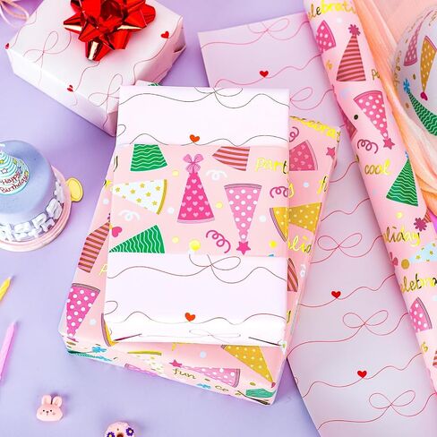 Yarcony Reversible Birthday Wrapping Paper Roll, Pink Gift Wrapping Paper, Metallic Foil Pink Girl Party Hat, Bow Gift Wrap Present Paper for 1st birthday, Baby Shower, Kid Party(17 Inch X 33 Feet) in Kuwait