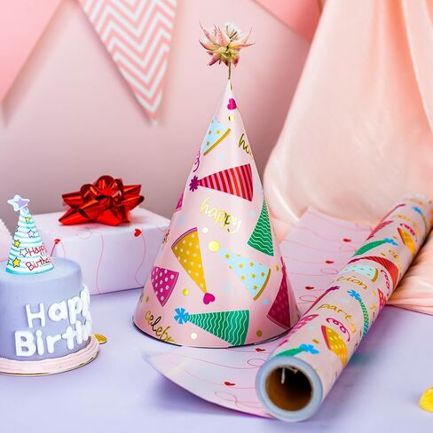 Yarcony Reversible Birthday Wrapping Paper Roll, Pink Gift Wrapping Paper, Metallic Foil Pink Girl Party Hat, Bow Gift Wrap Present Paper for 1st birthday, Baby Shower, Kid Party(17 Inch X 33 Feet) in Kuwait