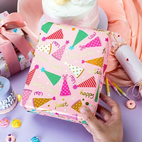 Yarcony Reversible Birthday Wrapping Paper Roll, Pink Gift Wrapping Paper, Metallic Foil Pink Girl Party Hat, Bow Gift Wrap Present Paper for 1st birthday, Baby Shower, Kid Party(17 Inch X 33 Feet) in Kuwait
