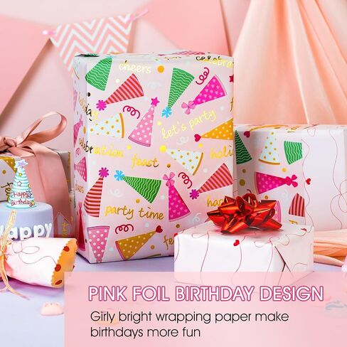 Yarcony Reversible Birthday Wrapping Paper Roll, Pink Gift Wrapping Paper, Metallic Foil Pink Girl Party Hat, Bow Gift Wrap Present Paper for 1st birthday, Baby Shower, Kid Party(17 Inch X 33 Feet) in Kuwait