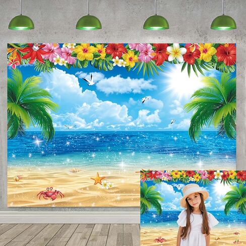 XCKALI Summer Hawaiian Beach Backdrop Tropical Flower Palm Ocean Birthday Luau Party Decoration Summer Beach Children Photography Kids Baby Shower Decoration 7x5FT in Saudi Arabia