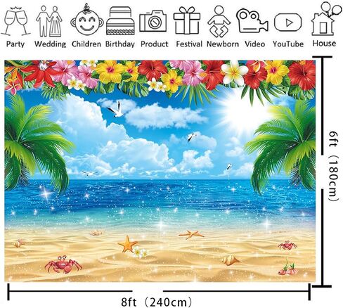 XCKALI Summer Hawaiian Beach Backdrop Tropical Flower Palm Ocean Birthday Luau Party Decoration Summer Beach Children Photography Kids Baby Shower Decoration 7x5FT in Saudi Arabia