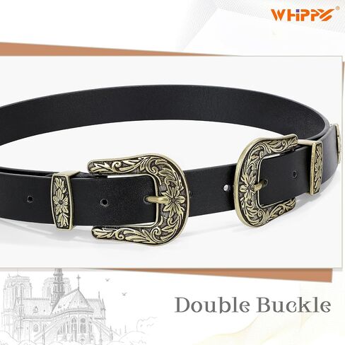 WHIPPY Vintage Western Leather Belt for Women Double Buckle Retro Cowgirl Waist Belts for Jeans Pants and Dresses Black in Kuwait